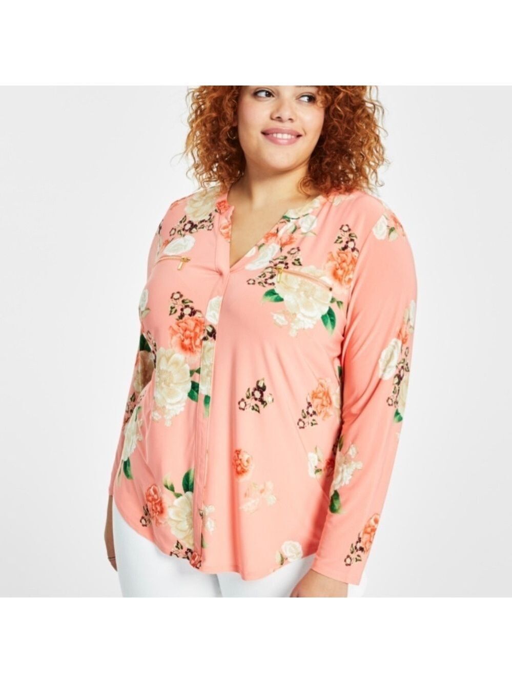 INTERNATIONAL CONCEPTS Split Vee Neck Popover Top Goldtone Zipper Chest Pockets